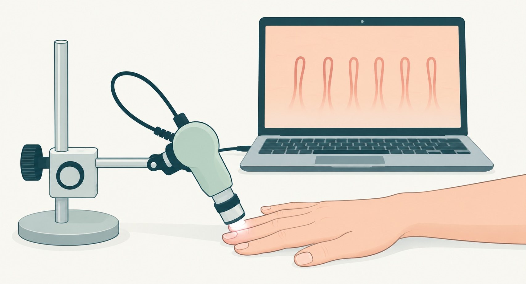 Simplified drawing of a capillaroscope examining a finger near the cuticle, with enlarged capillary loops illustrated on a laptop screen