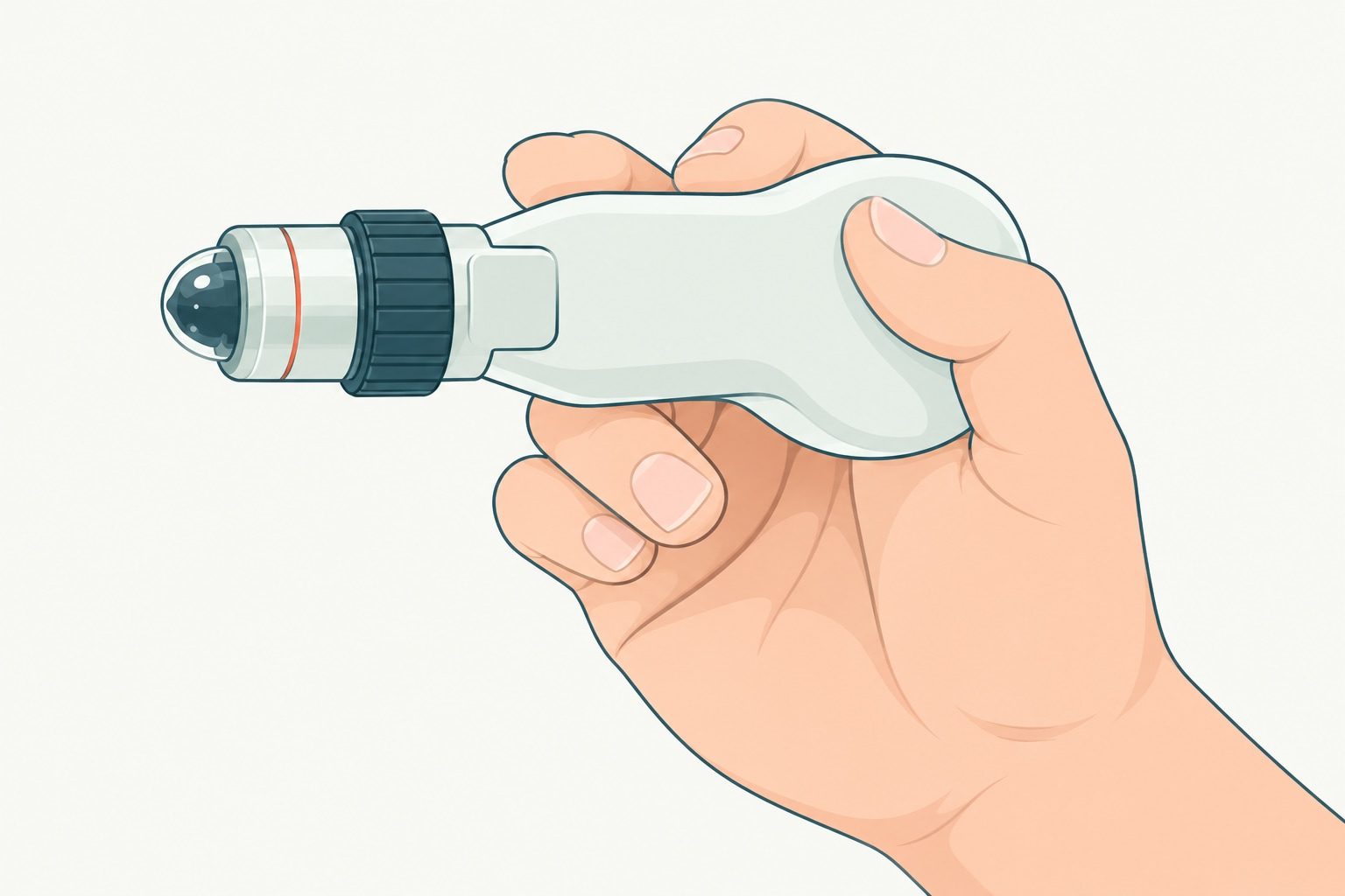 Simplified drawing of a hand holding a compact capillaroscope, with its lens and focusing ring visible