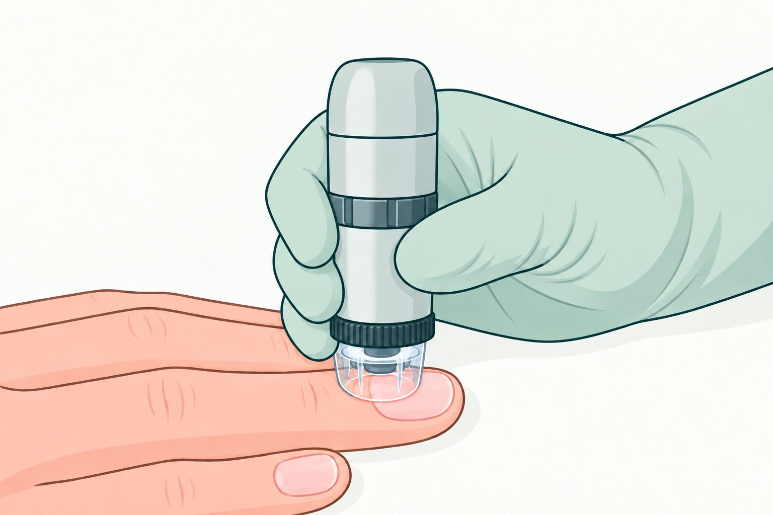 Simplified drawing of a gloved hand holding an illuminated microscope against the skin beside a fingernail’s cuticle